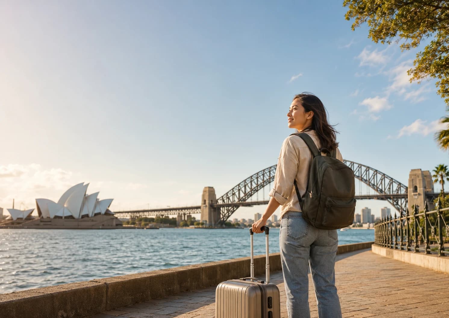 Young traveller with luggage overlooking Sydney Harbour, the Opera House and Harbour Bridge