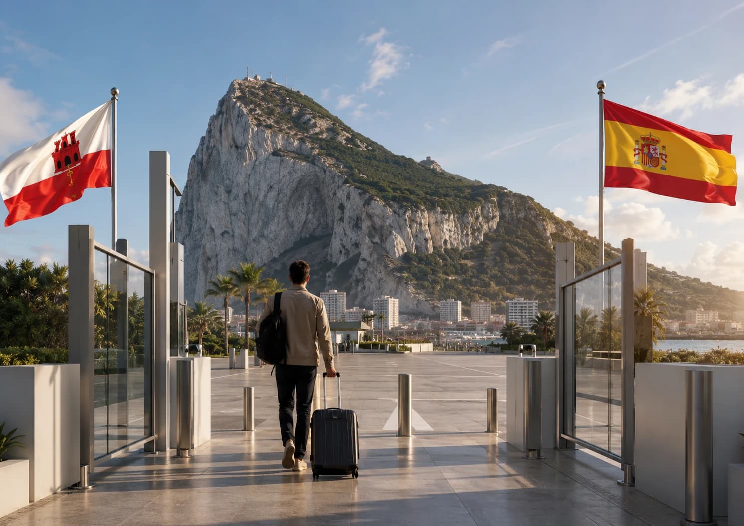 Traveller crossing the open Gibraltar–Spain land frontier with the Rock of Gibraltar ahead