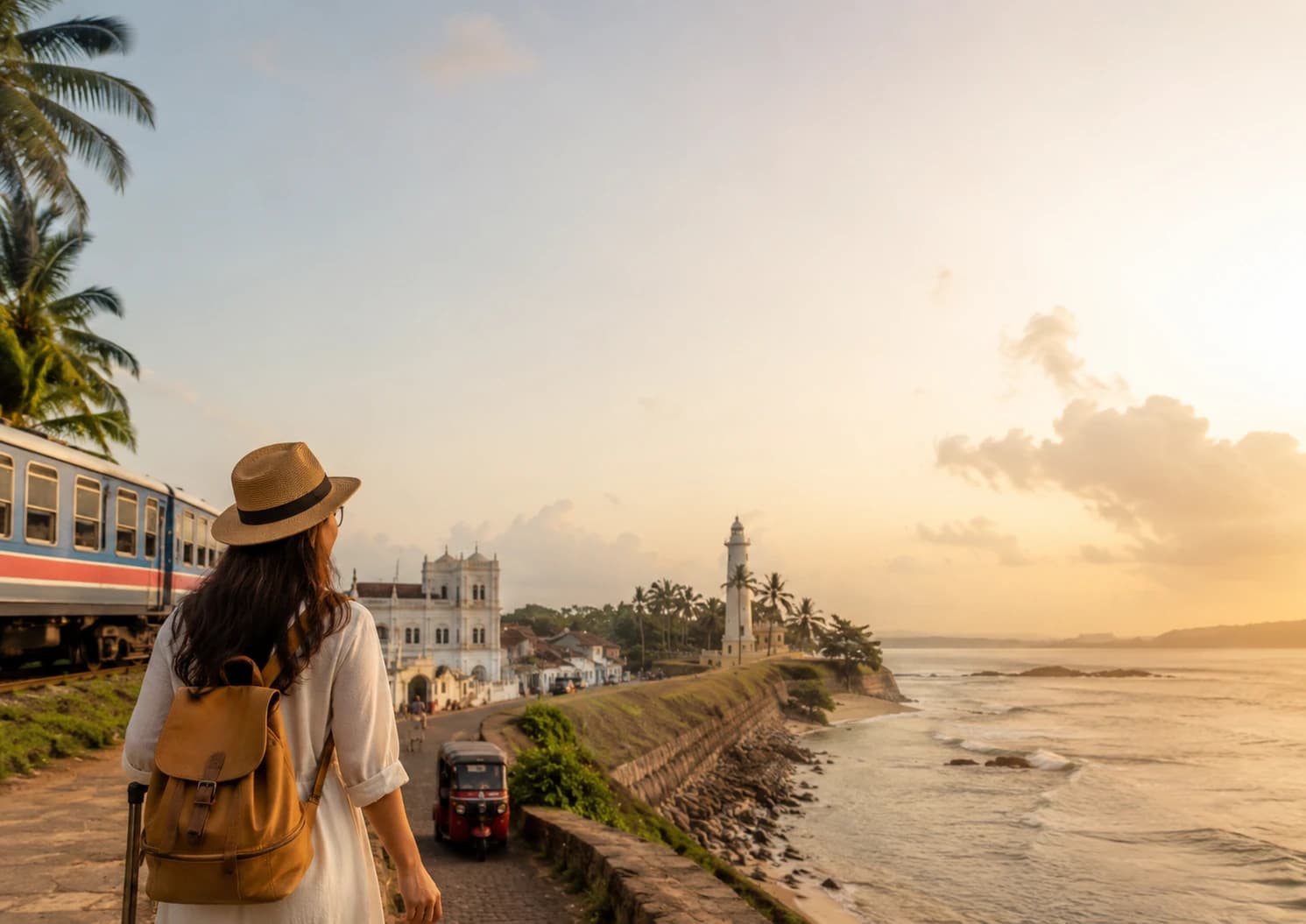 Traveller overlooking Sri Lanka’s coast with a train, tuk-tuk and lighthouse