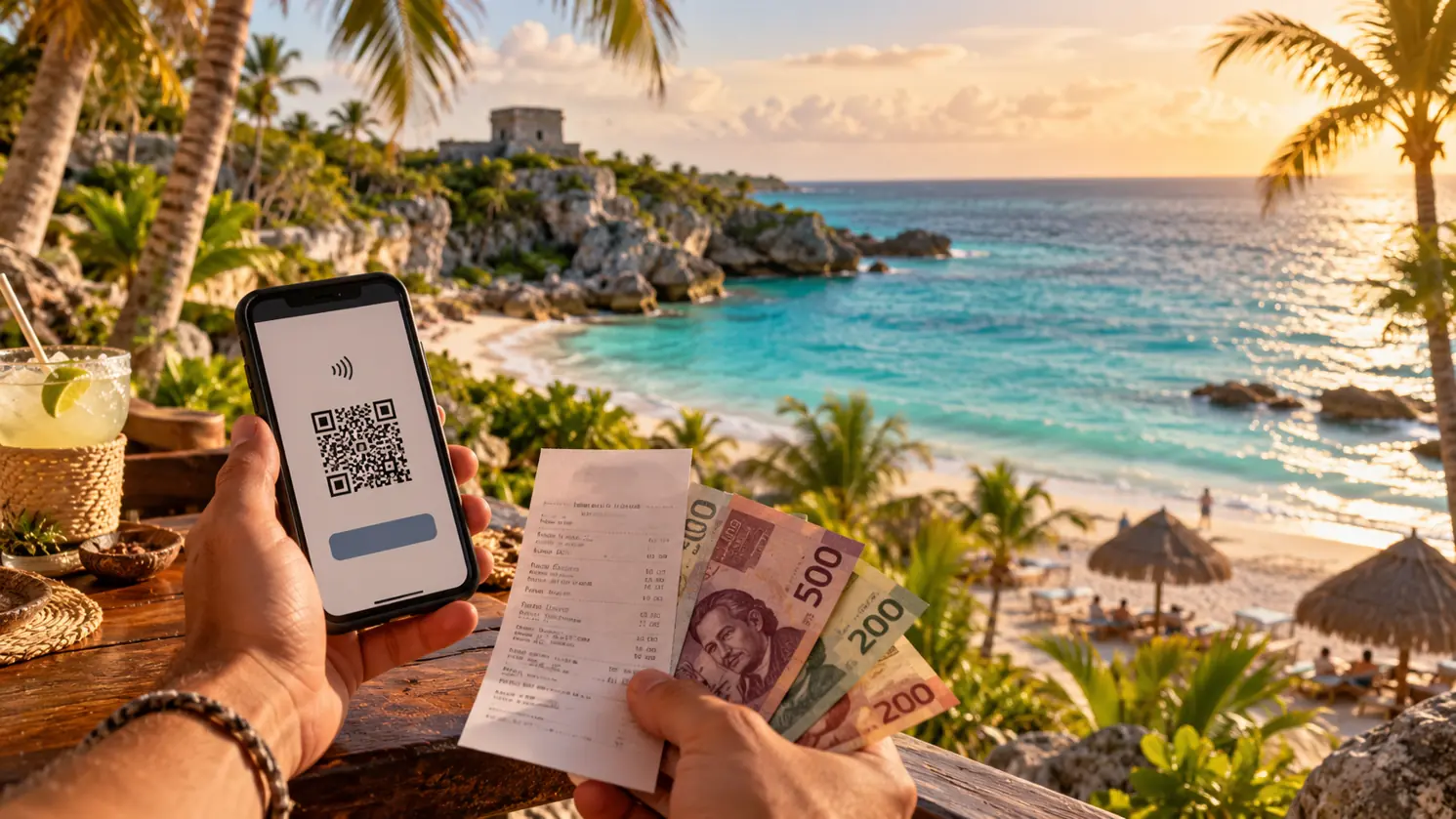 Illustration of a traveller reviewing a QR-style code, receipts and Mexican peso notes overlooking the coast