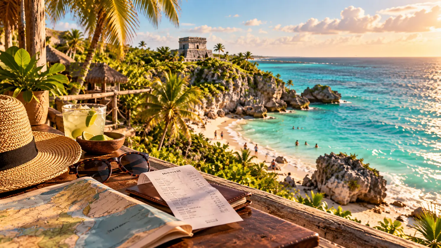 Illustrative view of the Tulum coastline and Mayan ruins, with a travel map and receipt in the foreground